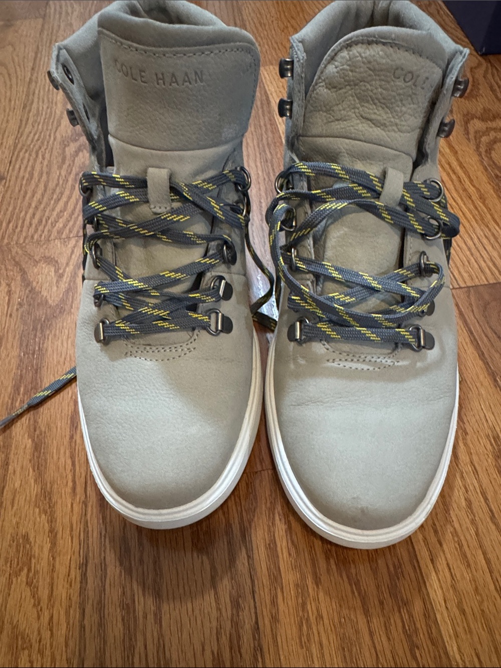 Cole Haan Men's Light Gray Suede Hiker Boots with Yellow-Accent Laces